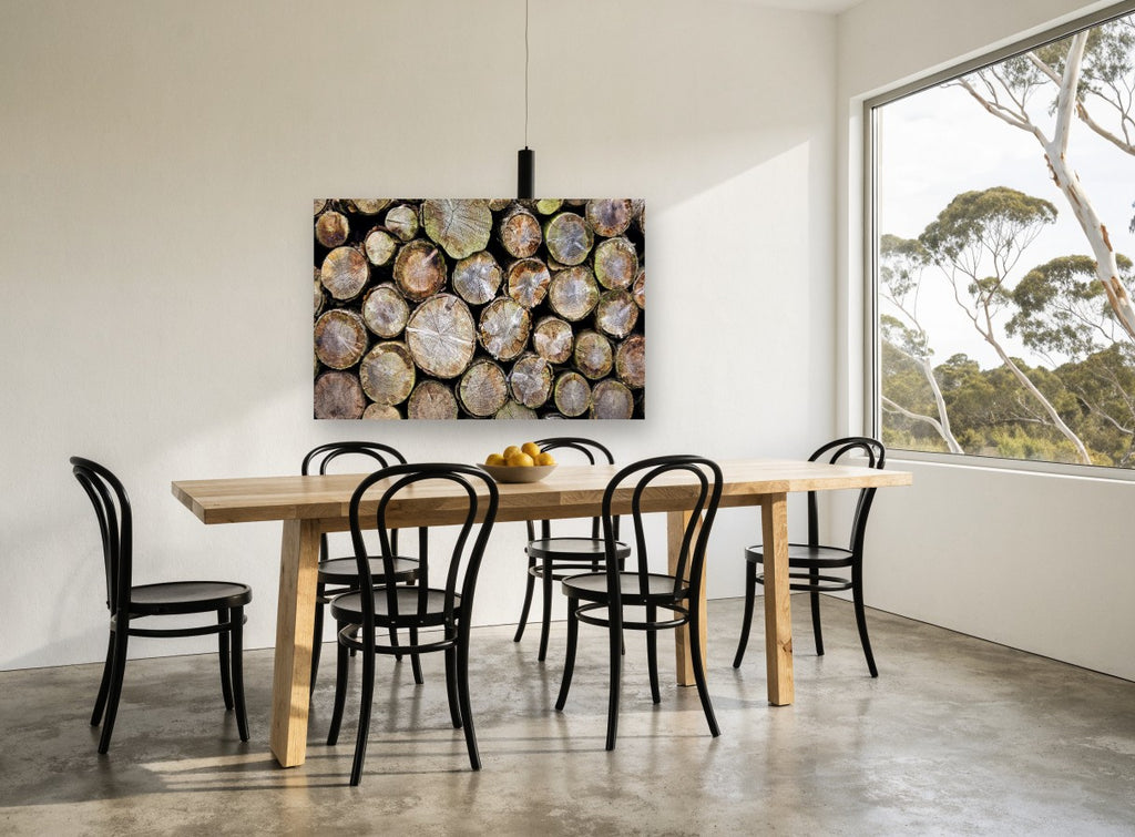 Stacked Log Ends landscape canvas print on the wall of a dining room