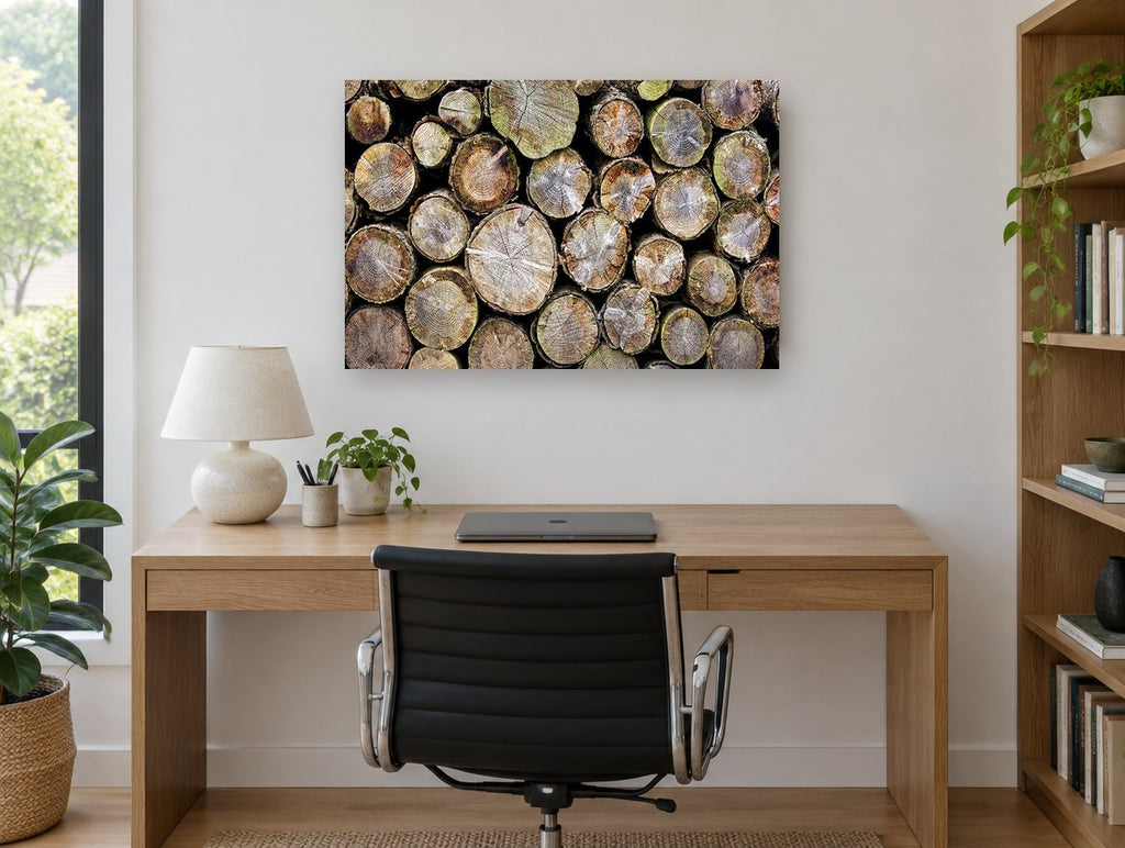 Stacked Log Ends landscape canvas print on the wall of a study