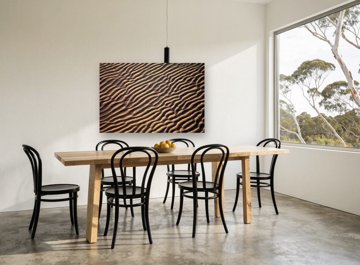 Golden Sand Ripples coastal canvas print on the wall of a dining room