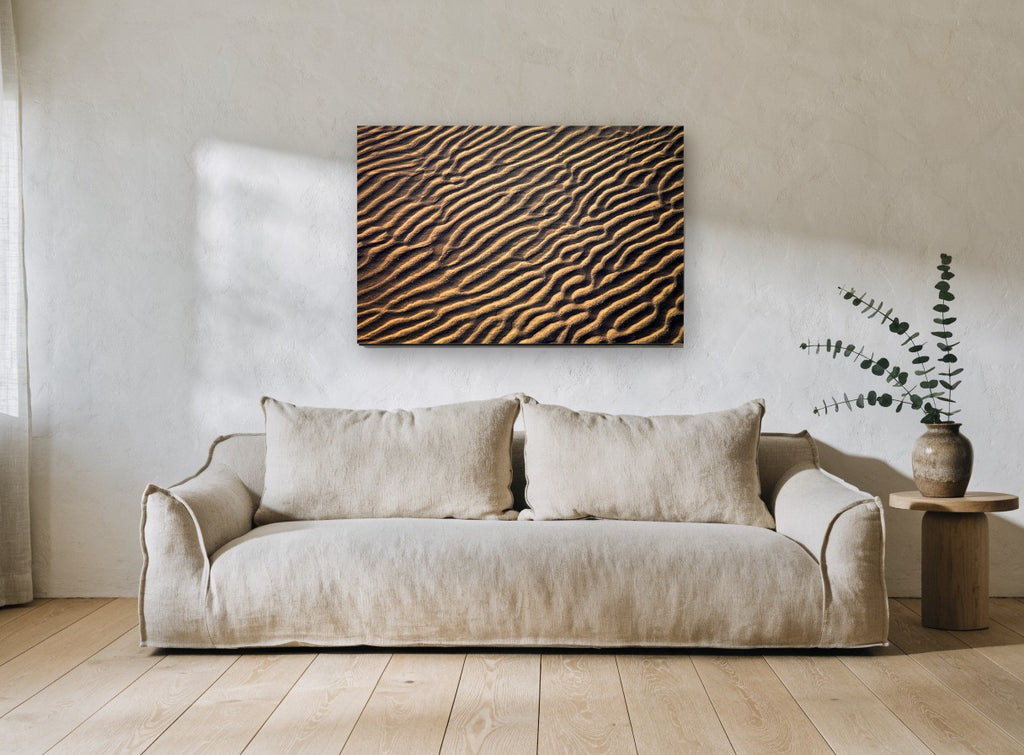 Golden Sand Ripples coastal canvas print on the wall of a living room