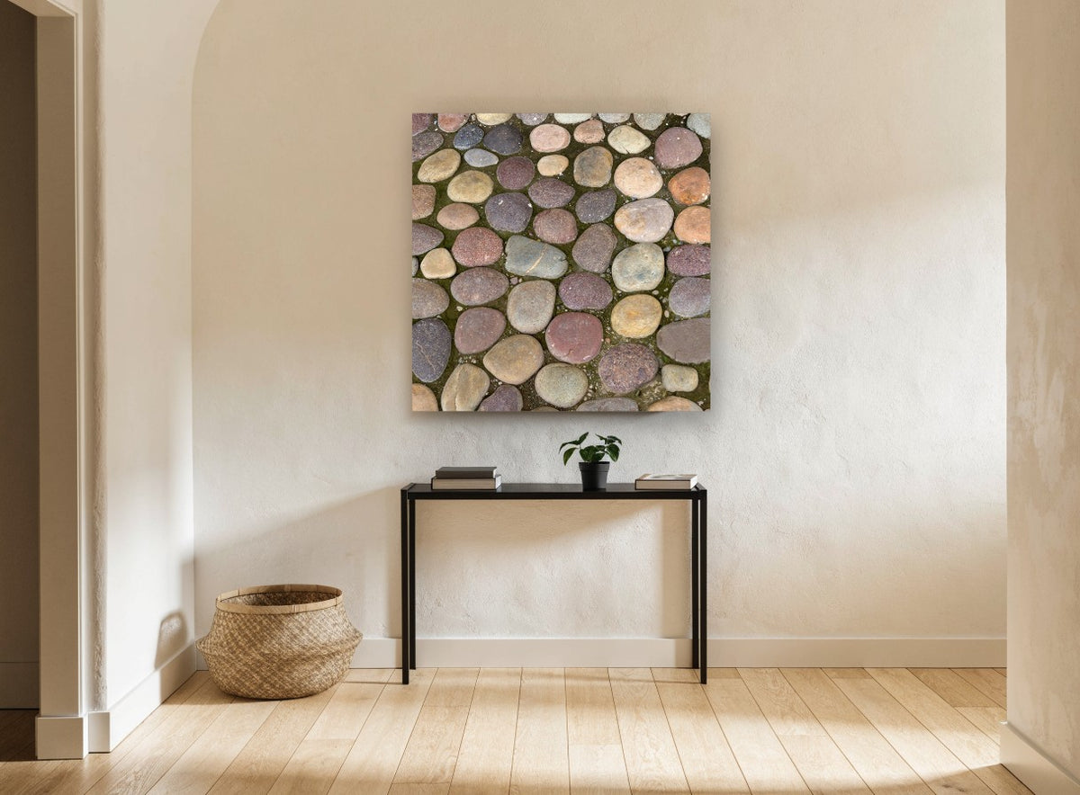 River Stone Cobbles landscape canvas print on the wall of a hallway