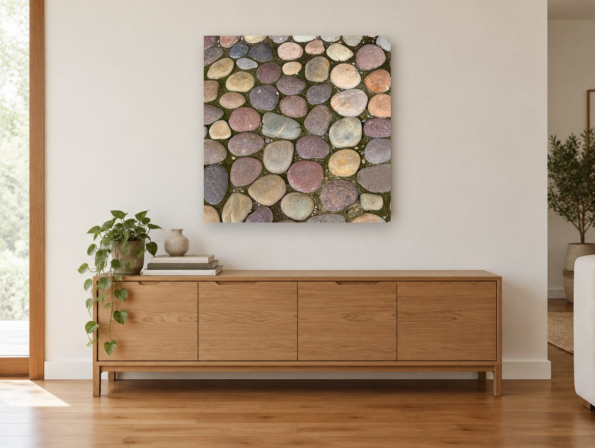 River Stone Cobbles landscape canvas print on the wall of a living room above a sideboard