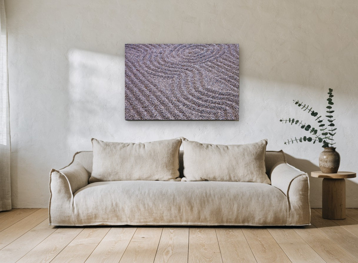 Raked Gravel Ripples landscape canvas print on the wall of a living room