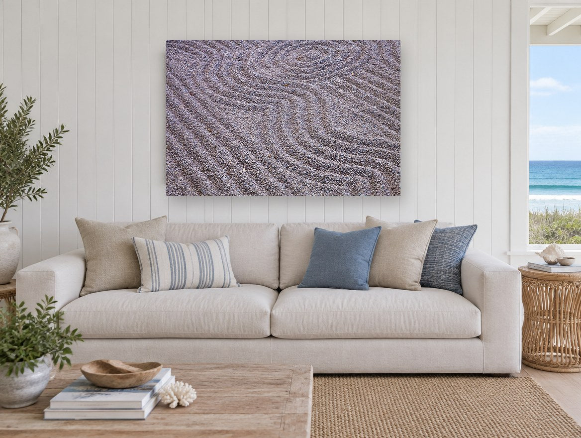 Raked Gravel Ripples landscape canvas print on the wall of a beach house living room