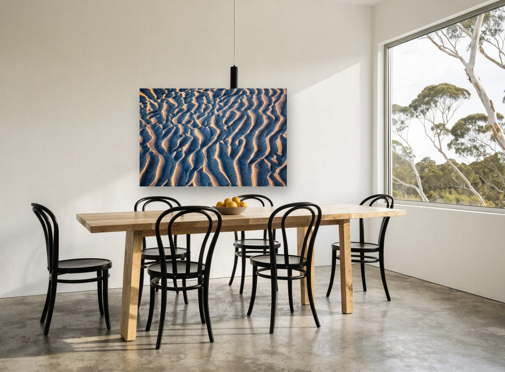 Rippled Sand at Dusk coastal canvas print on the wall of a dining room