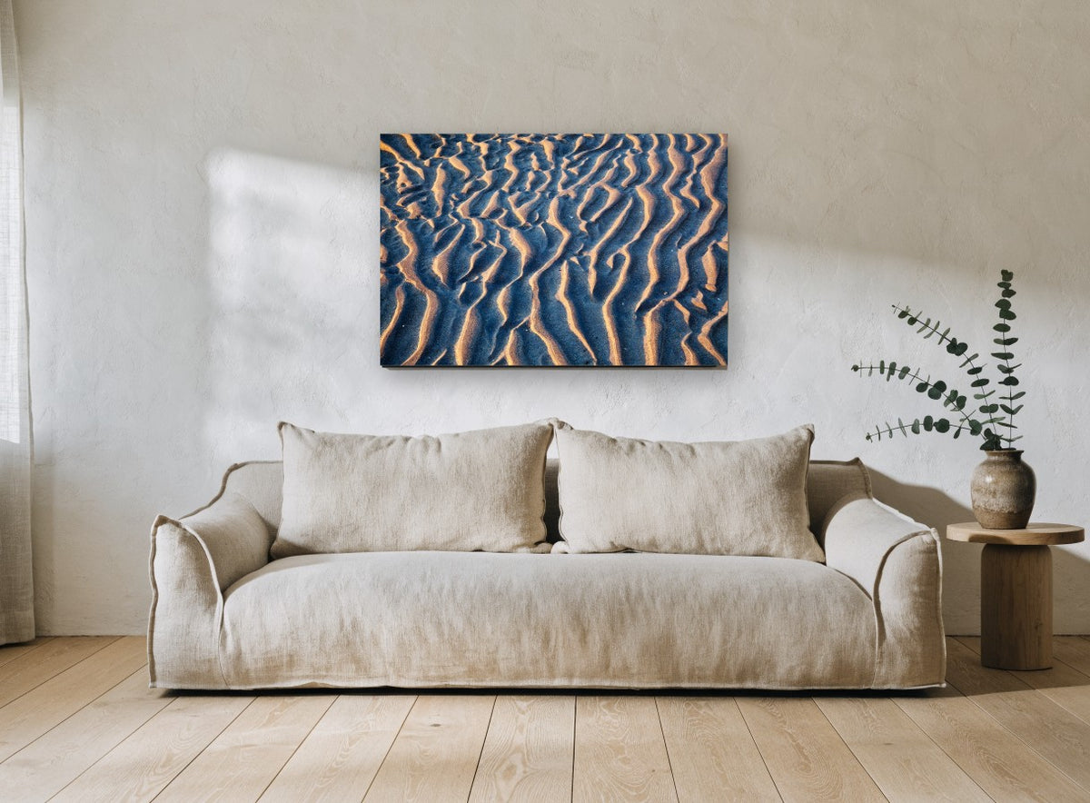 Rippled Sand at Dusk coastal canvas print on the wall of a living room