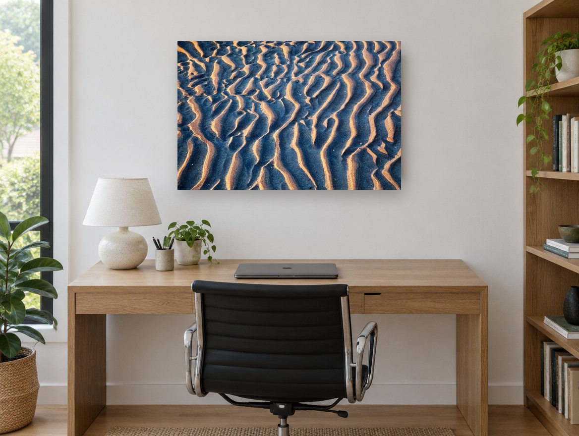 Rippled Sand at Dusk coastal canvas print on the wall of a study