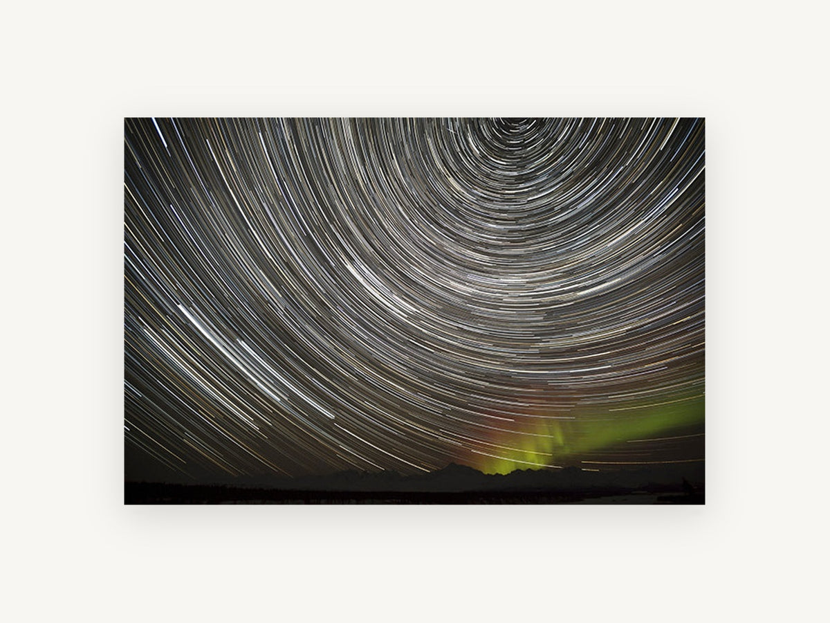 Circling Star Trails, star trails over mountains photograph, landscape canvas wall art print, front view