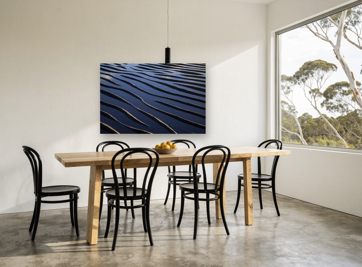 Tidal Sand Ripples coastal canvas print on the wall of a dining room