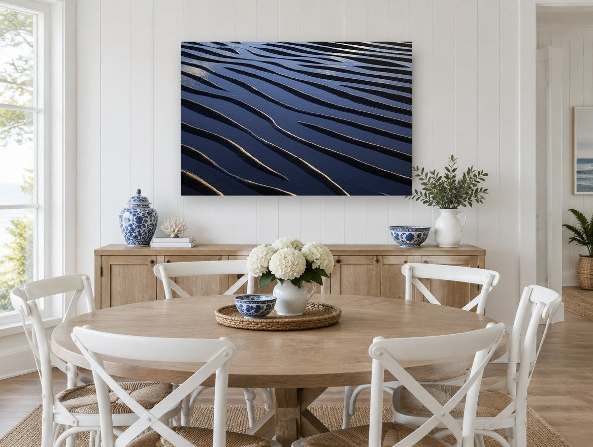 Tidal Sand Ripples coastal canvas print on the wall of a Hamptons dining room
