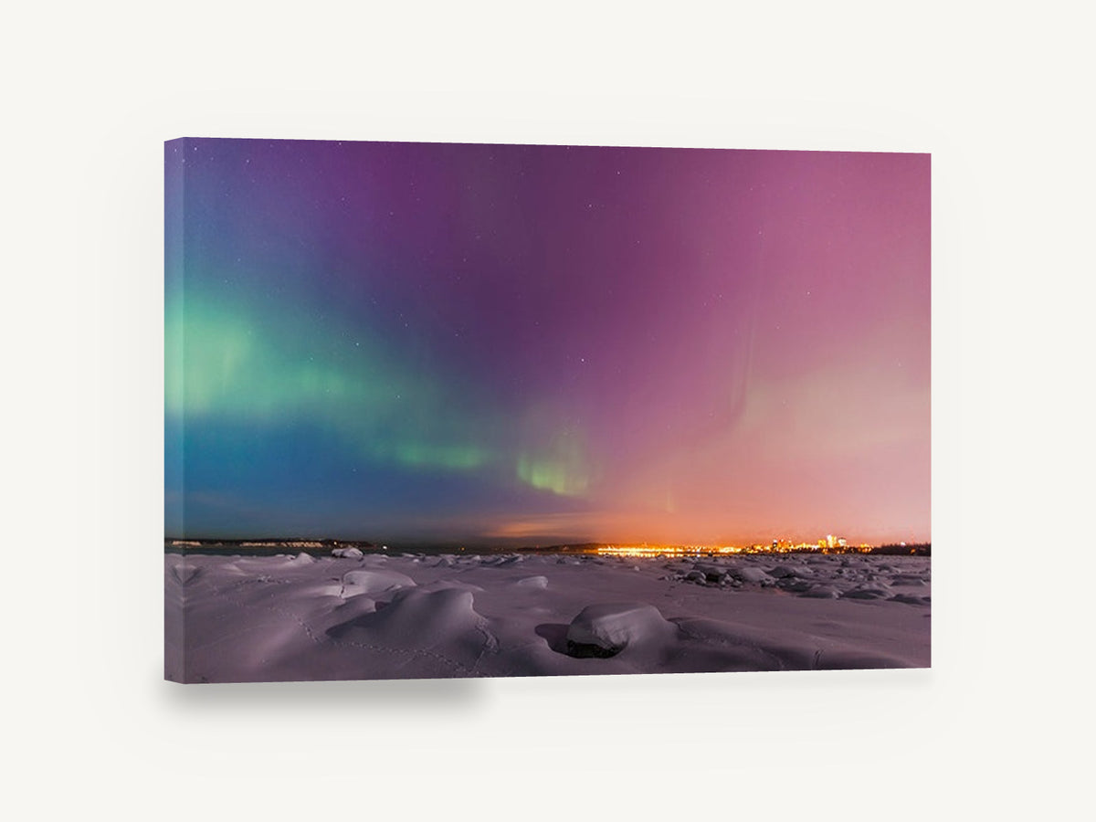 Aurora Over Snowfield, northern lights snowy night photograph, landscape canvas wall art print ready to hang