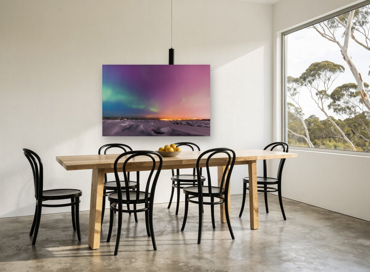 Aurora Over Snowfield landscape canvas print on the wall of a dining room