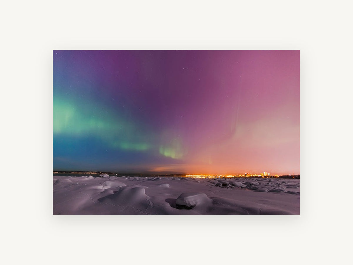 Aurora Over Snowfield, northern lights snowy night photograph, landscape canvas wall art print, front view