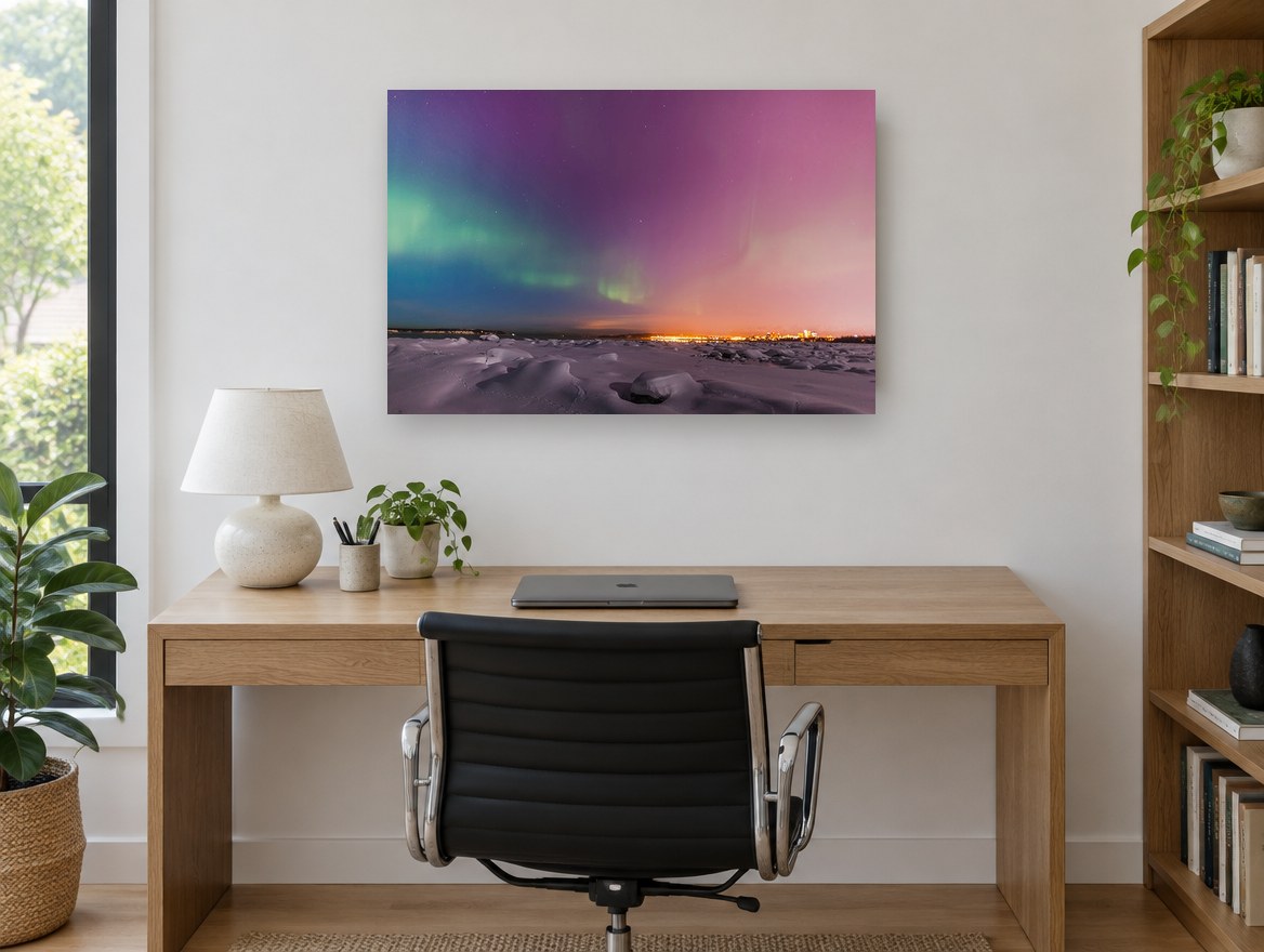Aurora Over Snowfield landscape canvas print on the wall of a study