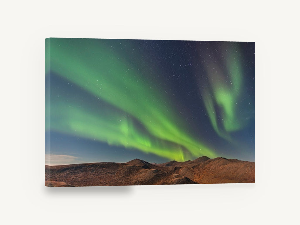 Green Aurora Ridge, green aurora over mountains photograph, landscape canvas wall art print ready to hang