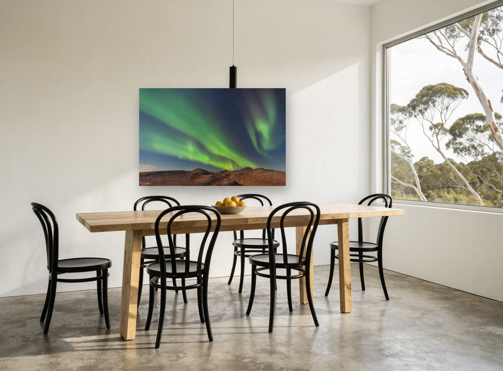 Green Aurora Ridge landscape canvas print on the wall of a dining room