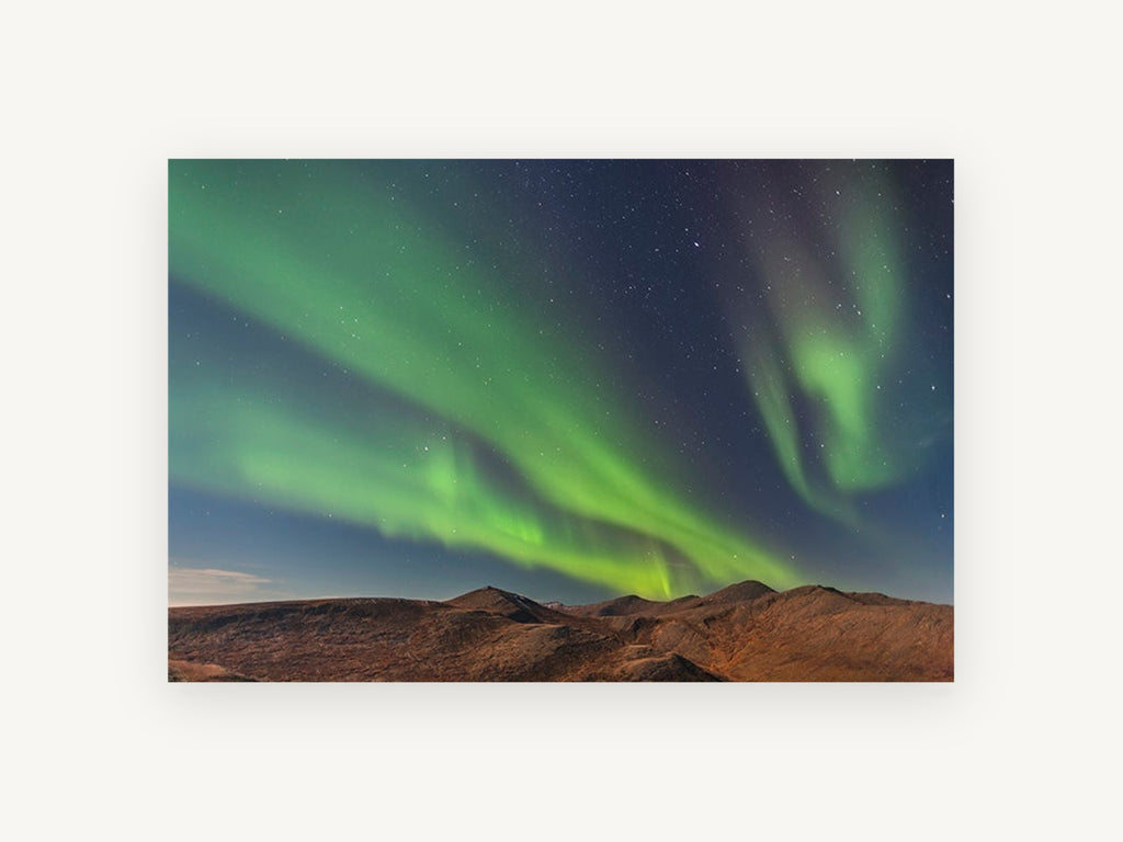 Green Aurora Ridge, green aurora over mountains photograph, landscape canvas wall art print, front view