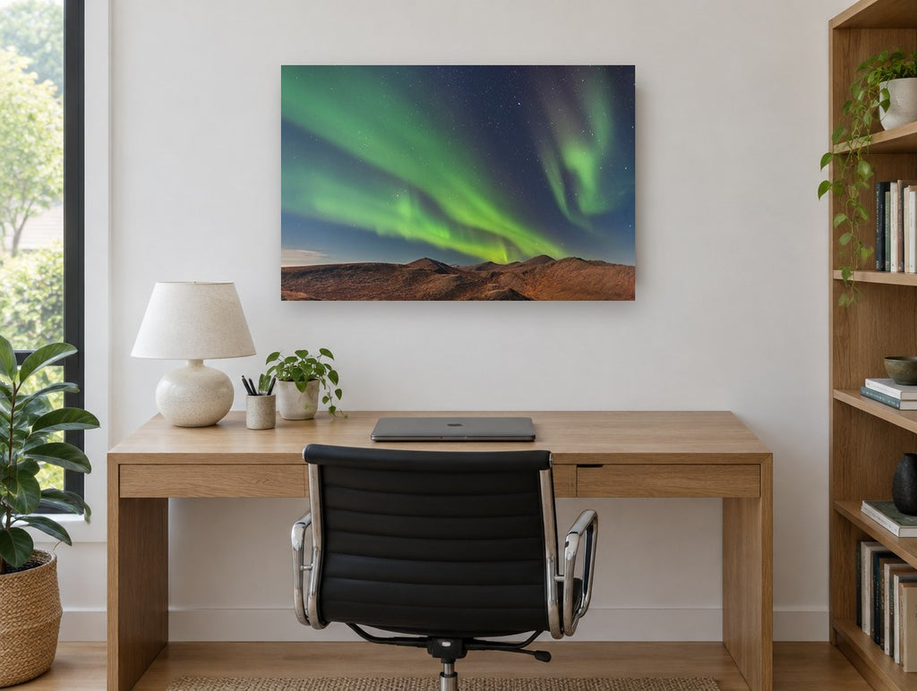 Green Aurora Ridge landscape canvas print on the wall of a study