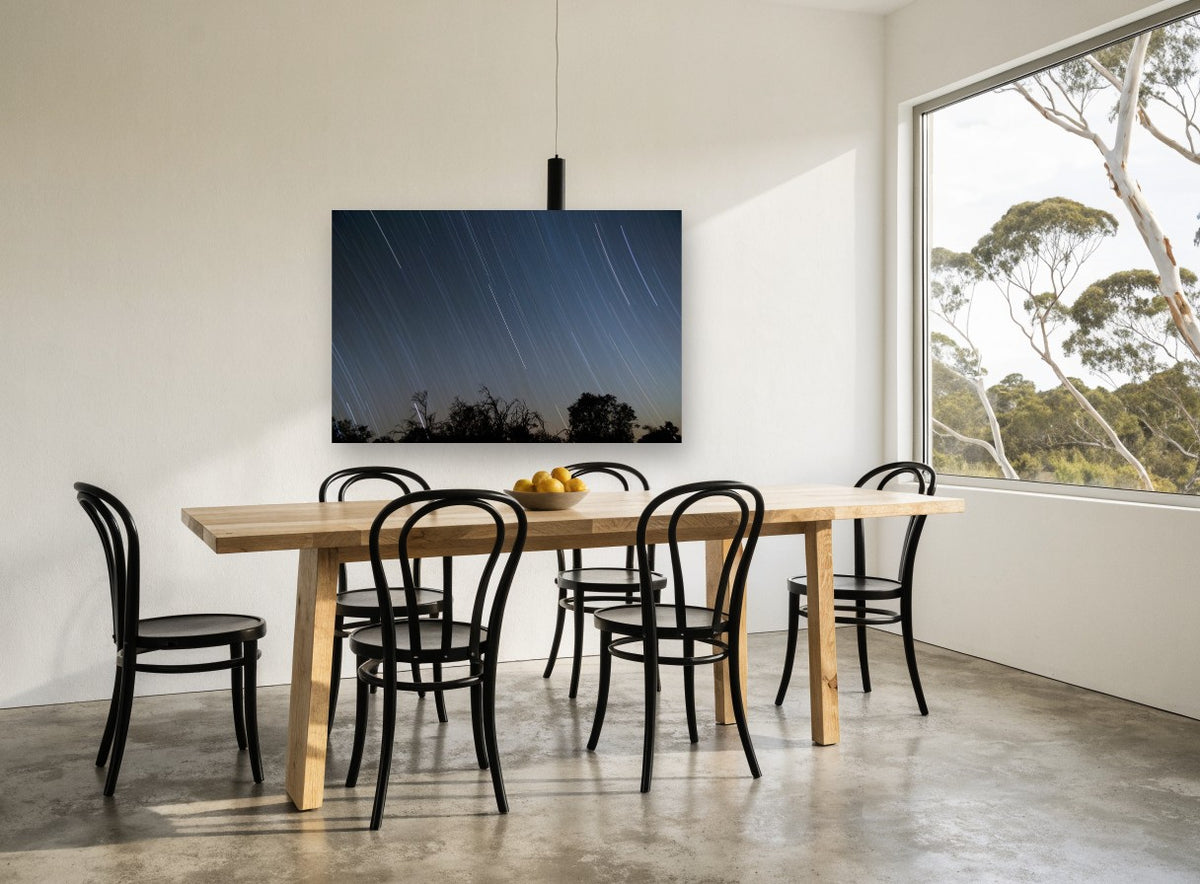 Star Trails Over Treeline landscape canvas print on the wall of a dining room