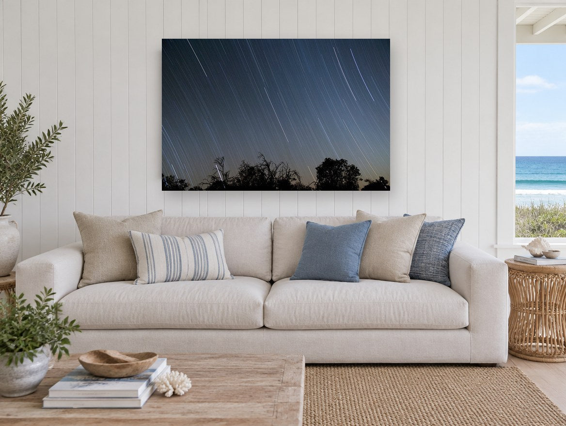 Star Trails Over Treeline landscape canvas print on the wall of a beach house living room