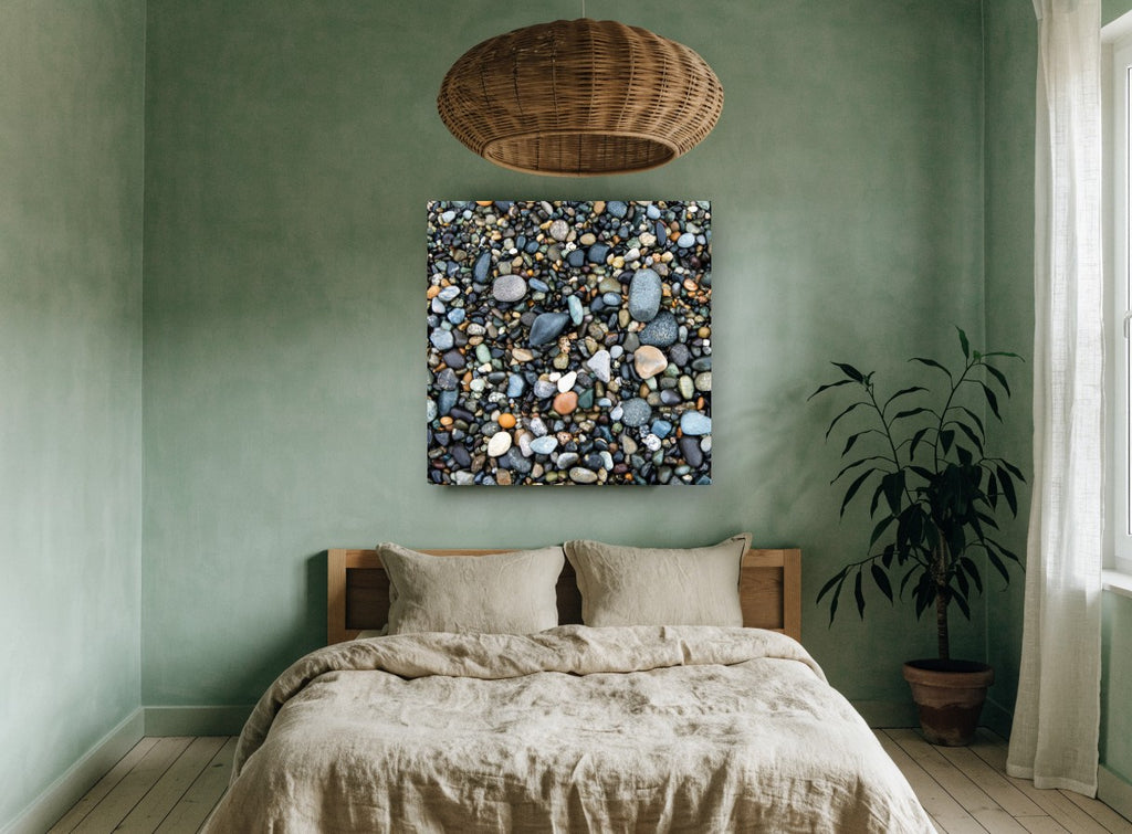 Wet Pebble Shore landscape canvas print on the wall of a bedroom