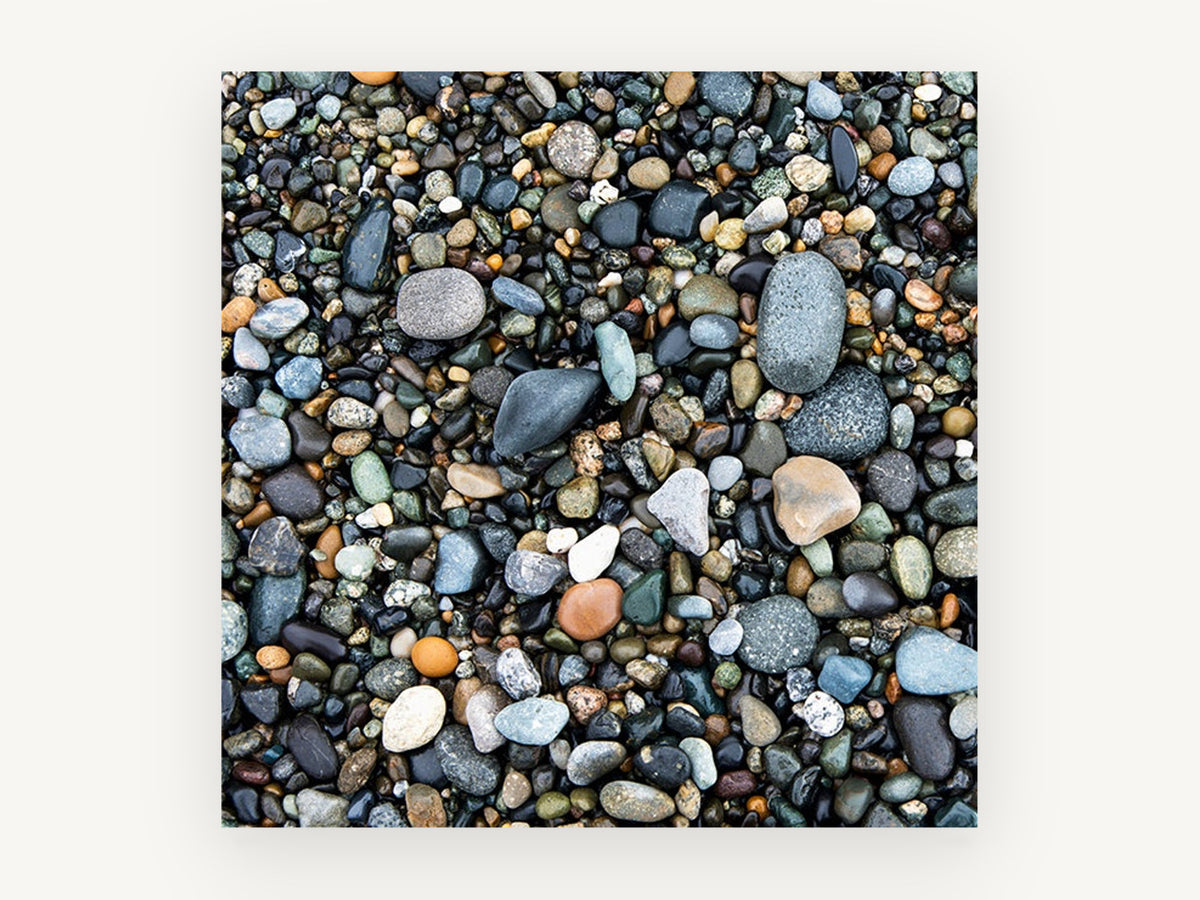 Wet Pebble Shore, wet beach pebbles close-up photograph, landscape canvas wall art print, front view