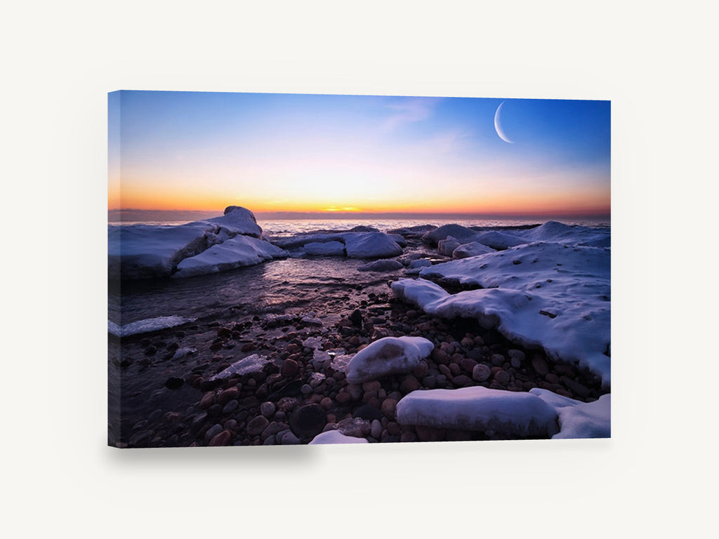Crescent Moon Over Frozen Shore, crescent moon frozen shoreline photograph, coastal canvas wall art print ready to hang