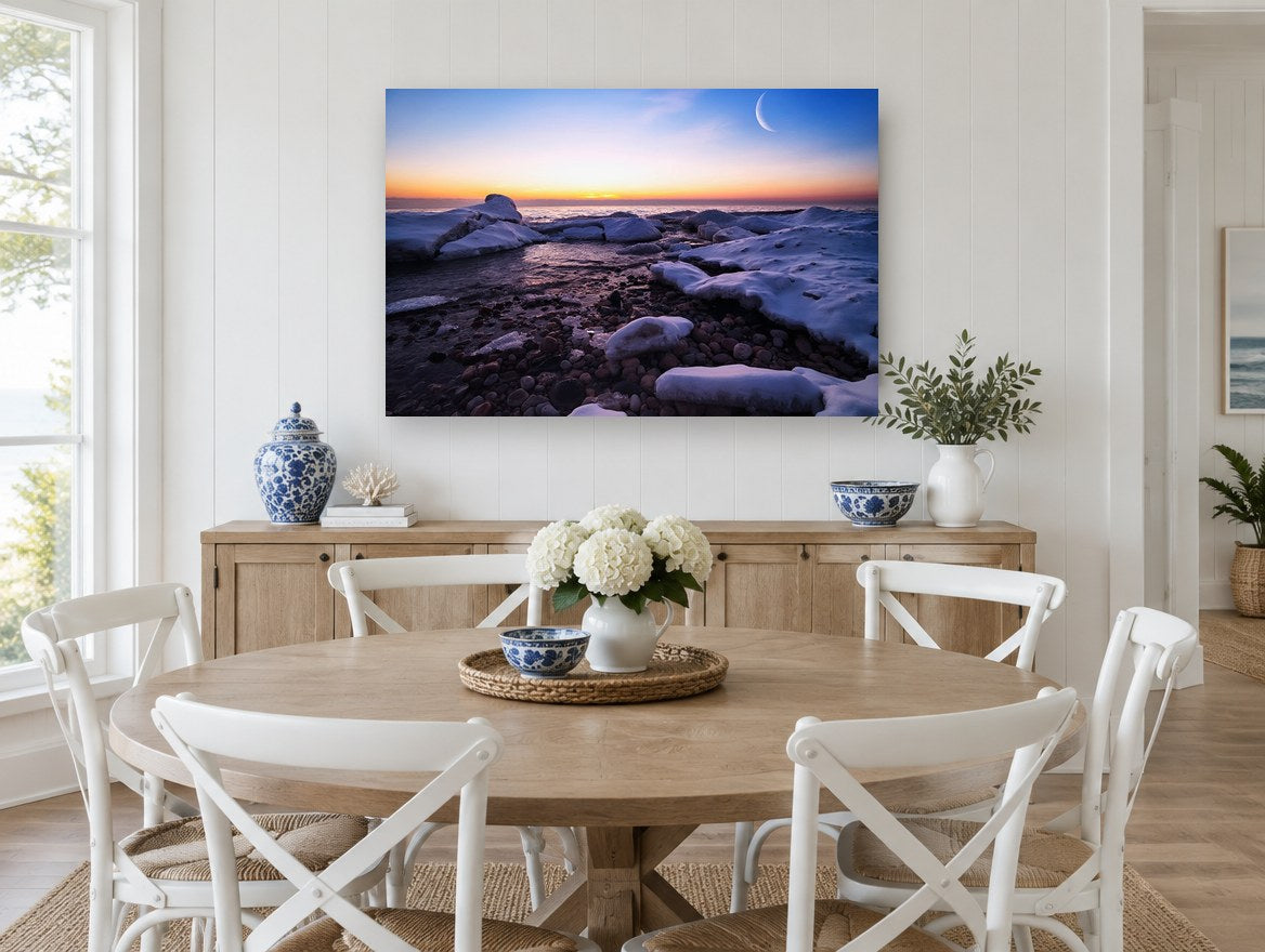 Crescent Moon Over Frozen Shore coastal canvas print on the wall of a Hamptons dining room
