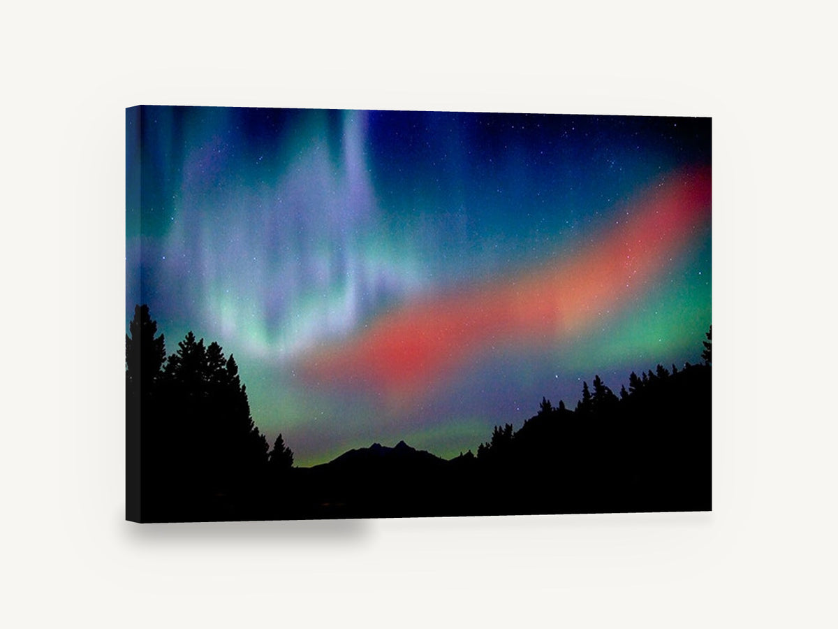Crimson Aurora Ridge, northern lights over mountain silhouette photograph, landscape canvas wall art print ready to hang