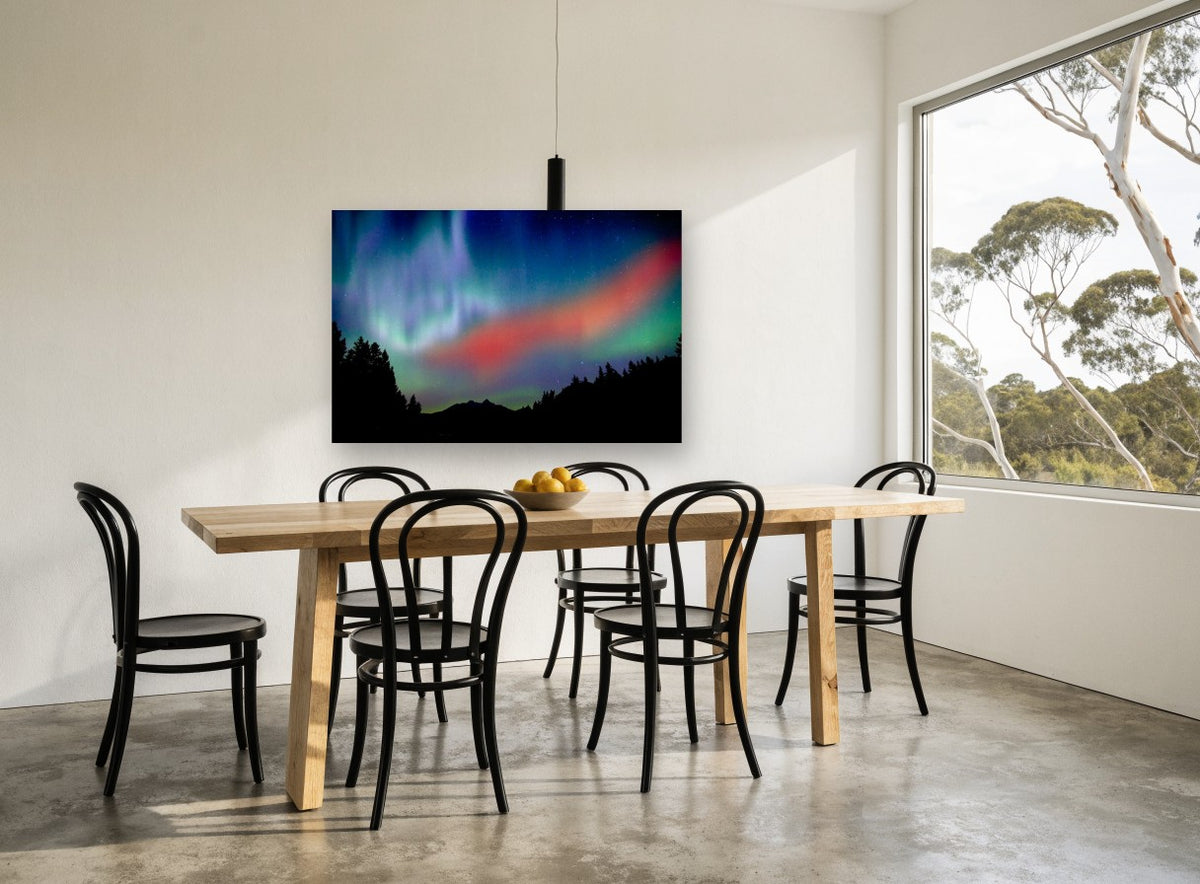 Crimson Aurora Ridge landscape canvas print on the wall of a dining room