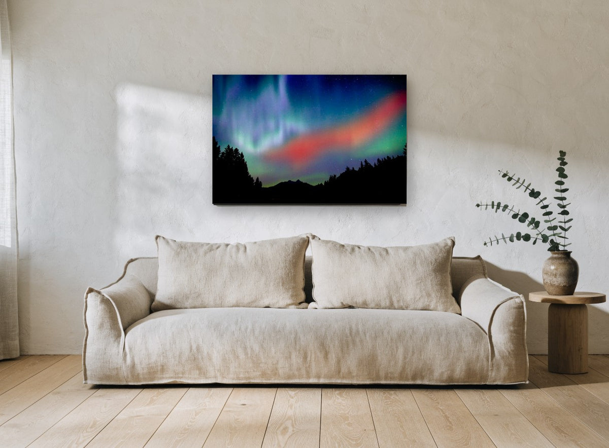 Crimson Aurora Ridge landscape canvas print on the wall of a living room