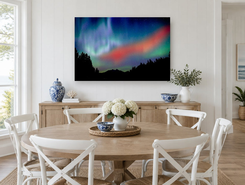Crimson Aurora Ridge landscape canvas print on the wall of a Hamptons dining room