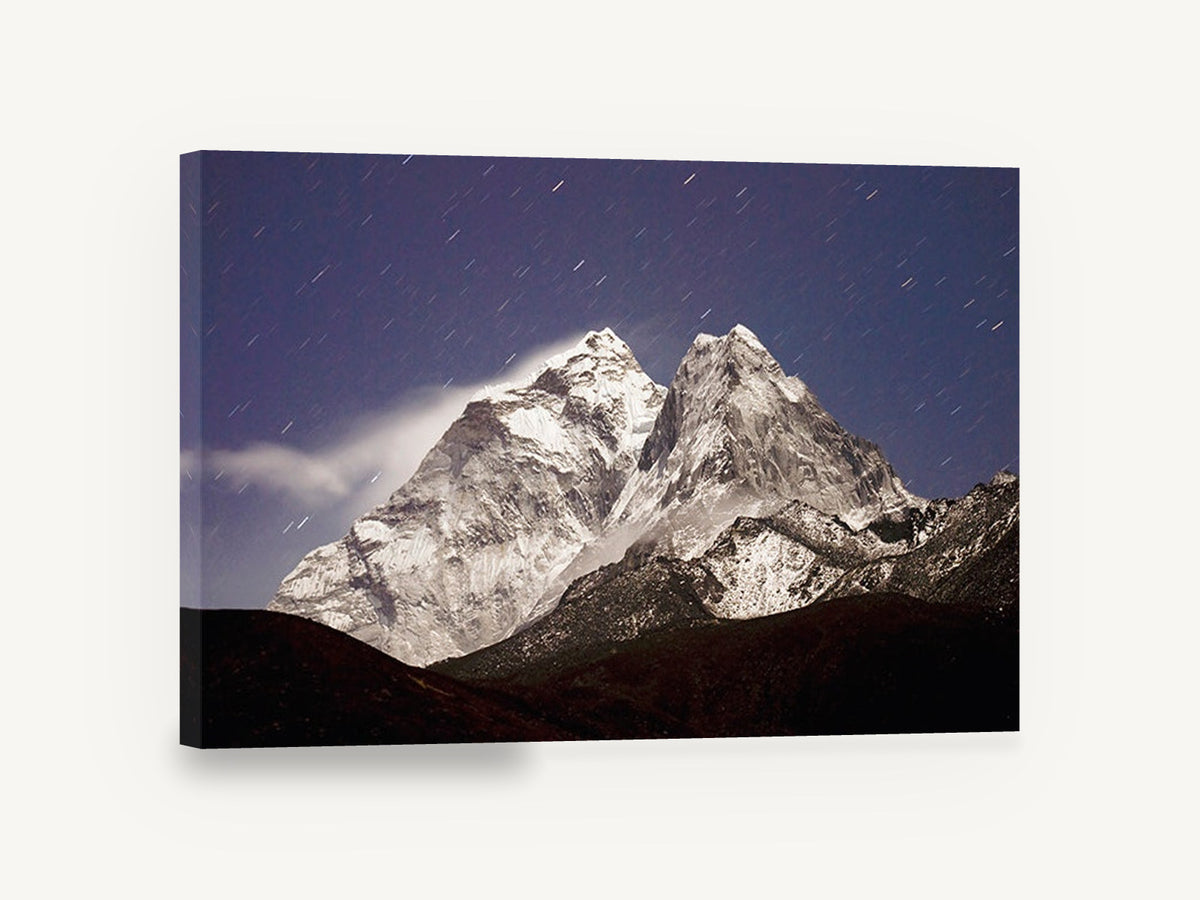 Moonlit Twin Peaks, moonlit snowy mountain star trails photograph, landscape canvas wall art print ready to hang