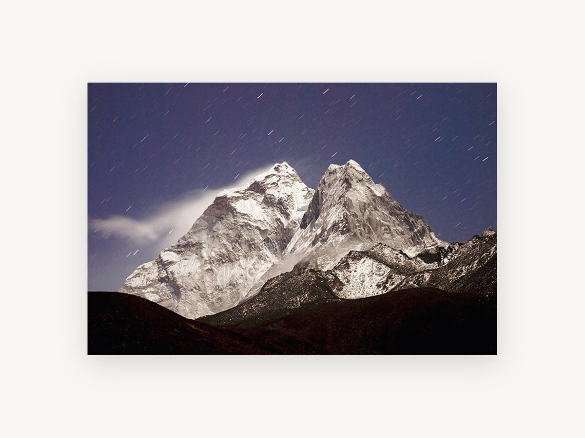 Moonlit Twin Peaks, moonlit snowy mountain star trails photograph, landscape canvas wall art print, front view