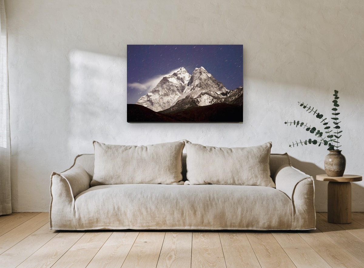 Moonlit Twin Peaks landscape canvas print on the wall of a living room