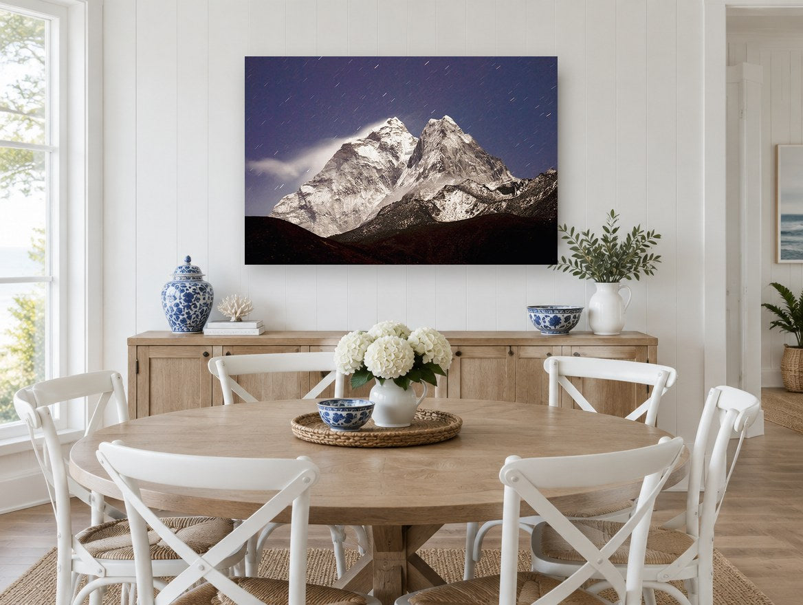 Moonlit Twin Peaks landscape canvas print on the wall of a Hamptons dining room