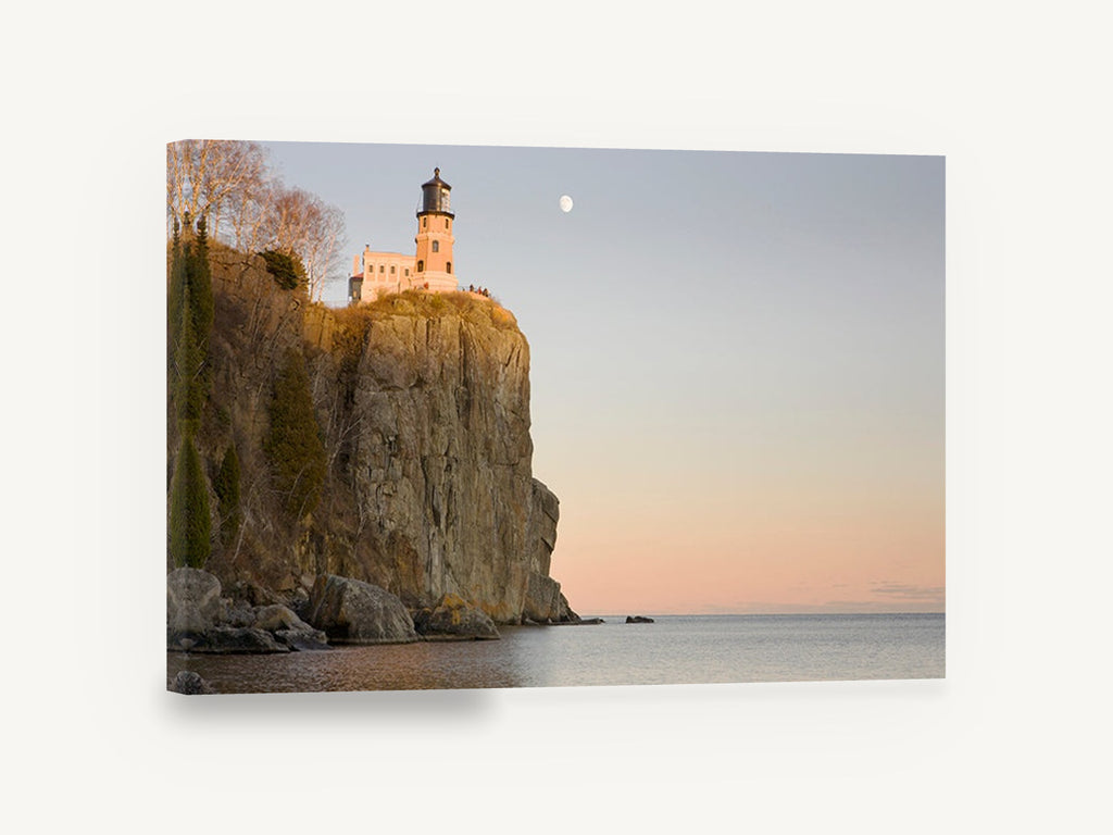 Moonrise Over the Cliff, cliff top lighthouse sunset photograph, coastal canvas wall art print ready to hang