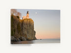 Moonrise Over the Cliff, cliff top lighthouse sunset photograph, coastal canvas wall art print ready to hang