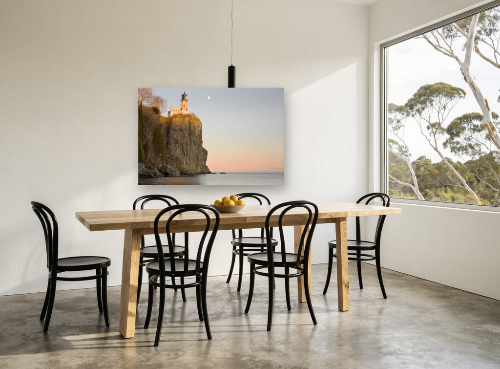 Moonrise Over the Cliff coastal canvas print on the wall of a dining room