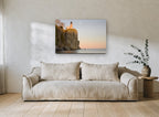 Moonrise Over the Cliff coastal canvas print on the wall of a living room