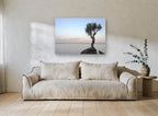 Lone Tree at Moonrise coastal canvas print on the wall of a living room