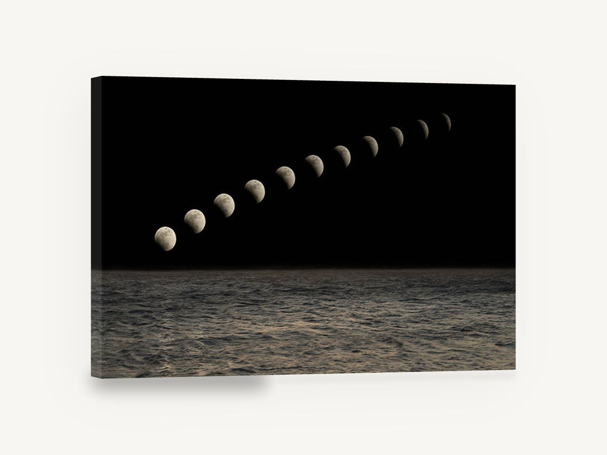 Moon Phases Over Sea, moon phase sequence ocean photograph, coastal canvas wall art print ready to hang