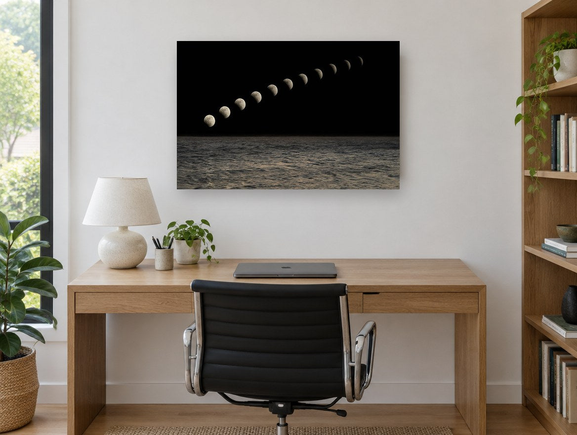 Moon Phases Over Sea coastal canvas print on the wall of a study