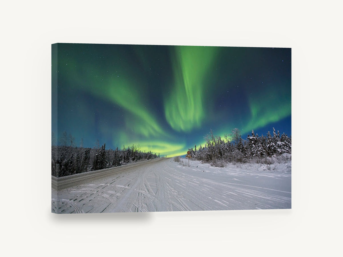 Aurora Over Snowy Road, northern lights snowy road photograph, landscape canvas wall art print ready to hang