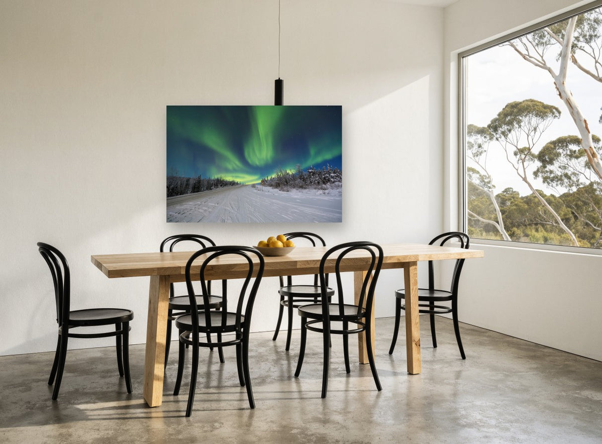 Aurora Over Snowy Road landscape canvas print on the wall of a dining room