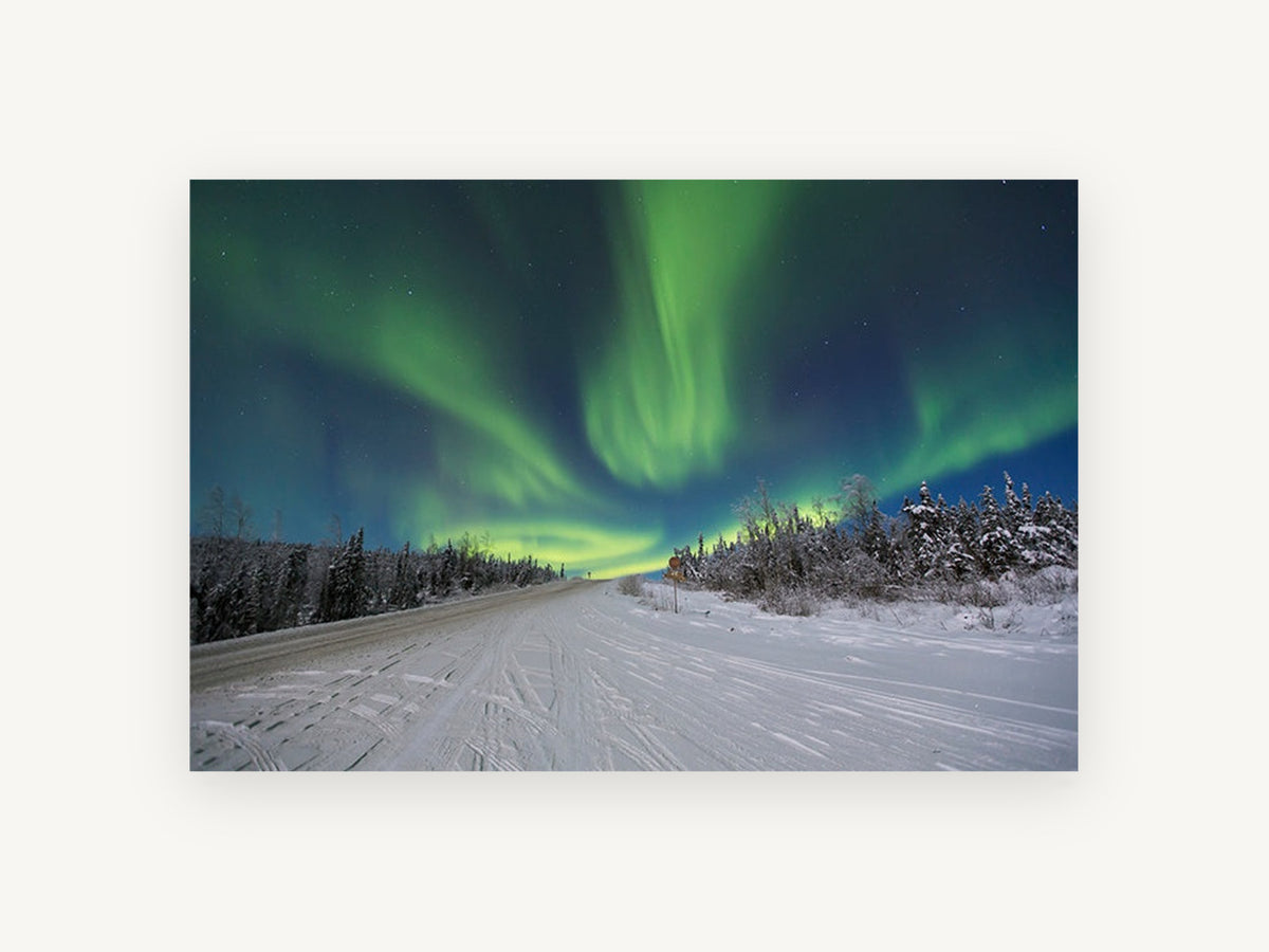 Aurora Over Snowy Road, northern lights snowy road photograph, landscape canvas wall art print, front view
