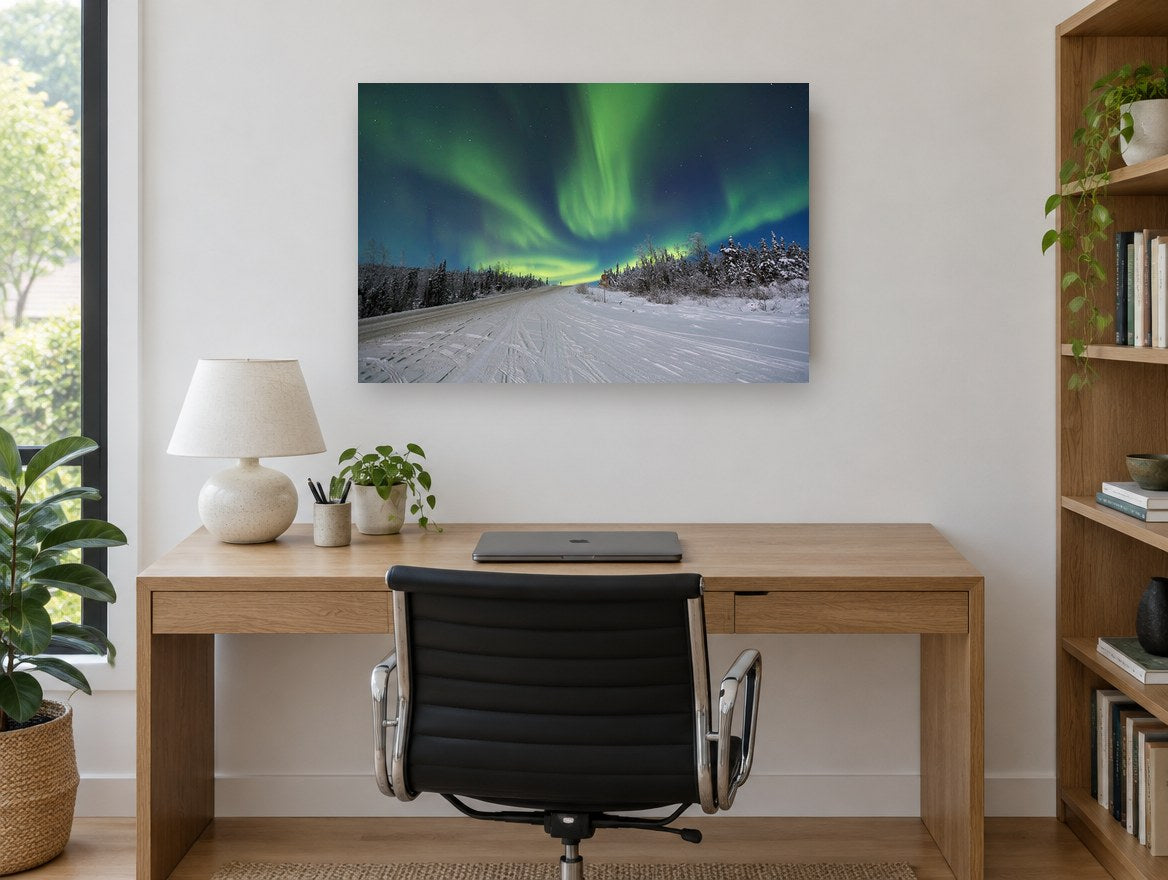 Aurora Over Snowy Road landscape canvas print on the wall of a study