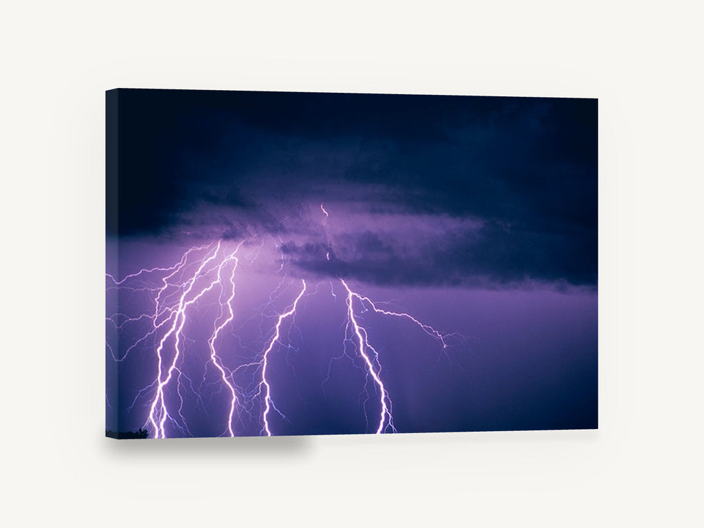 Violet Storm Strikes, purple lightning storm night photograph, landscape canvas wall art print ready to hang
