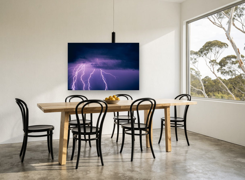 Violet Storm Strikes landscape canvas print on the wall of a dining room