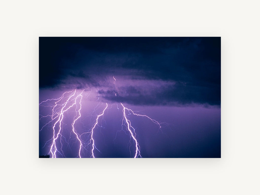Violet Storm Strikes, purple lightning storm night photograph, landscape canvas wall art print, front view